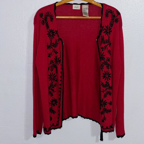 Kathie Lee Red Black Embroidered Cardigan L Ramie Cotton Vintage Grandmacore - Picture 2 of 16